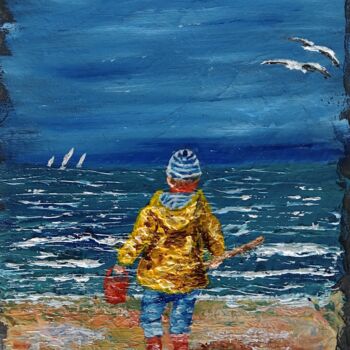 Painting titled "A la plage" by Alain Favé, Original Artwork, Acrylic Mounted on Stone