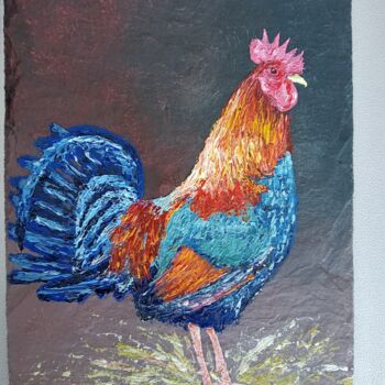 Painting titled "Le coq" by Alain Favé, Original Artwork, Acrylic Mounted on Stone