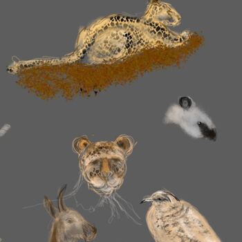Digital Arts titled "Leopards, bird and…" by Alain Galet, Original Artwork, Digital Painting