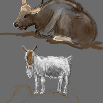 Arte digital titulada "Buffalo and goat" por Alain Galet, Obra de arte original, Pintura Digital