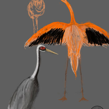 Digital Arts titled "Crane and flamingo" by Alain Galet, Original Artwork, Digital Painting