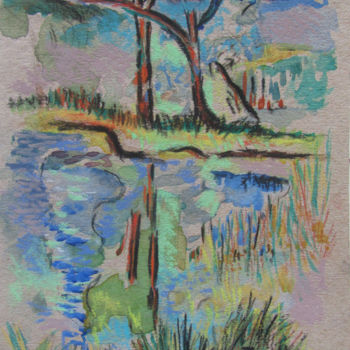 Drawing titled "L'étang bleu.jpg" by Alain Lamy, Original Artwork, Pastel