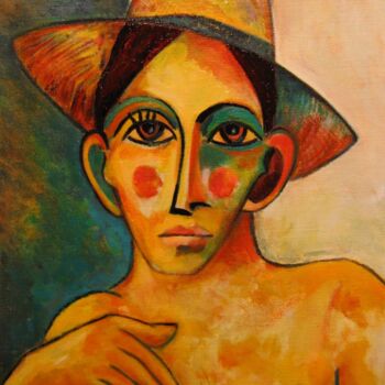 Painting titled "Femme au chapeau de…" by Alain Lamy, Original Artwork, Oil