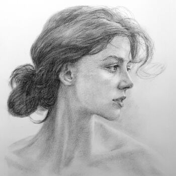 Pittura intitolato "jeune fille,profil" da Alain Masset, Opera d'arte originale, Carbone