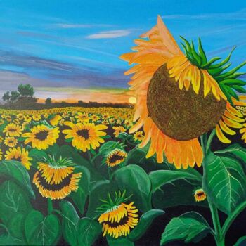 Painting titled "Champ de tournesols" by Alain Perchoc, Original Artwork, Acrylic Mounted on Wood Stretcher frame
