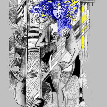 Desenho intitulada "dessin-femme-bleue-…" por Alain Perriod, Obras de arte originais, Conté