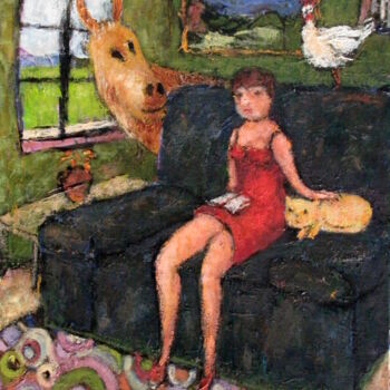 Pintura titulada "L'âne, la poule, le…" por Alain Ponçon, Obra de arte original, Oleo Montado en Bastidor de camilla de made…
