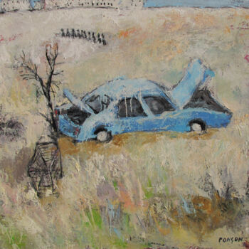 Painting titled "Voiture bleue" by Alain Ponçon, Original Artwork, Oil Mounted on Wood Stretcher frame