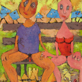 Painting titled "Culs nus sur un banc" by Alain Ponçon, Original Artwork, Oil Mounted on Wood Stretcher frame