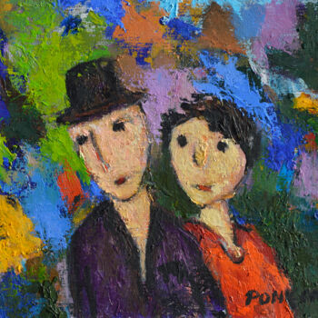 Painting titled "Couple en couleurs" by Alain Ponçon, Original Artwork, Oil Mounted on Wood Stretcher frame