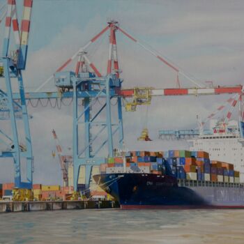 Peinture intitulée "Le port de Montoir" par Alain Retiere, Œuvre d'art originale, Huile