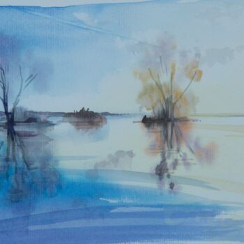 Painting titled "Soir sur le lac" by Alain Retiere, Original Artwork, Watercolor Mounted on Cardboard