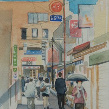 Painting titled "Rue de Tokyo" by Alain Retiere, Original Artwork, Watercolor