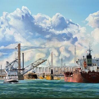Картина под названием "Le port d'Anvers 1" - Alain Retiere, Подлинное произведение искусства, Масло