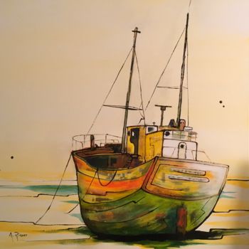Painting titled "Epave bateau à sec" by Alain Riguet, Original Artwork, Acrylic