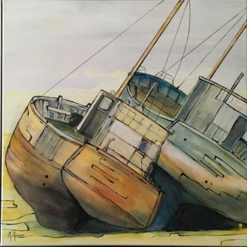 Painting titled "Epaves bateaux" by Alain Riguet, Original Artwork, Acrylic