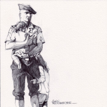 Drawing titled "LE MILITAIRE & LES…" by Alain Rouschmeyer, Original Artwork, Ballpoint pen