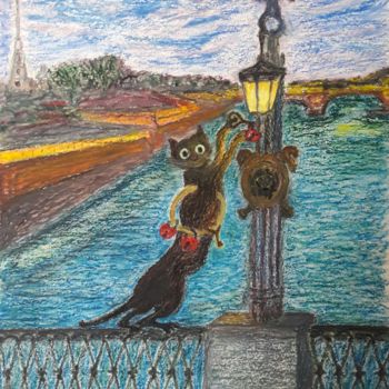 Rysunek zatytułowany „The padlocking cat” autorstwa Alain S, Oryginalna praca, Pastel