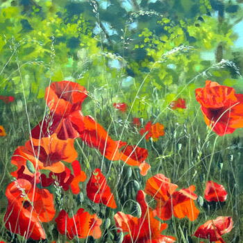Painting titled "Coquelicots" by Alain Sarazin, Original Artwork, Oil Mounted on Other rigid panel