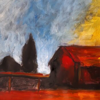 Malerei mit dem Titel ""la cabane rouge"" von Alain Tardieu, Original-Kunstwerk, Acryl