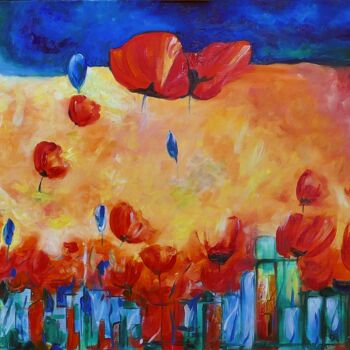 Painting titled "les coquelicots" by Alain Faligot, Original Artwork, Oil Mounted on Wood Stretcher frame