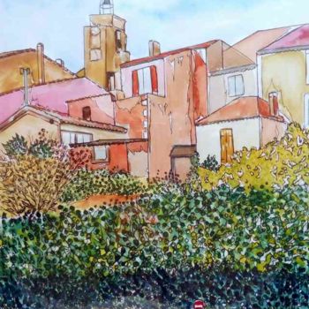 Pintura intitulada "ROUSSILLON Centre" por Alain Faure, Obras de arte originais, Aquarela