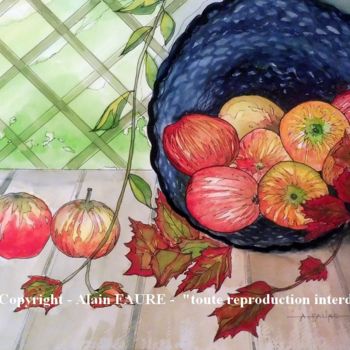 Painting titled "POMMES D'AUTOMNE" by Alain Faure, Original Artwork, Watercolor Mounted on Other rigid panel