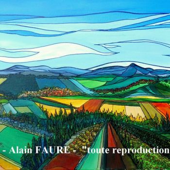 「AUTOMNE EN PROVENCE」というタイトルの絵画 Alain Faureによって, オリジナルのアートワーク, アクリル ウッドストレッチャーフレームにマウント