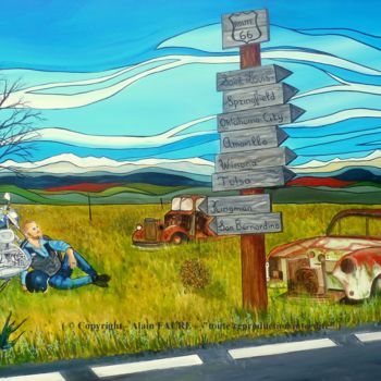 Painting titled "ROUTE 66" by Alain Faure, Original Artwork, Acrylic Mounted on Wood Stretcher frame