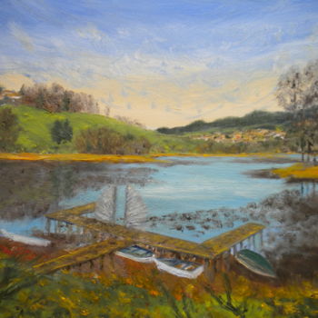 Painting titled "ponton et barques a…" by Alain Fayel, Original Artwork, Oil