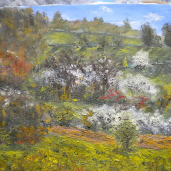 Painting titled "Prairie et arbres p…" by Alain Fayel, Original Artwork, Oil