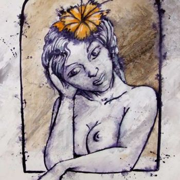 Painting titled "mujer con hibiscus" by Alain, Original Artwork