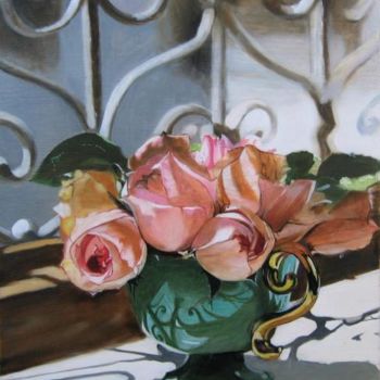 Peinture intitulée "roses au vase vert" par Alain Horlaville, Œuvre d'art originale