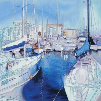 「Port Fréjus」というタイトルの絵画 Alainjunoによって, オリジナルのアートワーク, オイル ウッドストレッチャーフレームにマウント