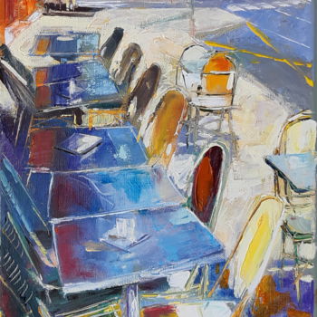 Painting titled "Tables place Dupuy" by Alain Muller, Original Artwork, Oil Mounted on Wood Stretcher frame