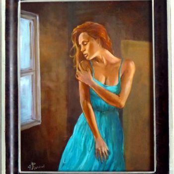 Pintura intitulada "Irina à la fenêtre" por Alain Ravaut, Obras de arte originais, Óleo
