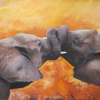 Peinture intitulée "Baiser d'éléphants" par Alain Vasselin, Œuvre d'art originale, Autre
