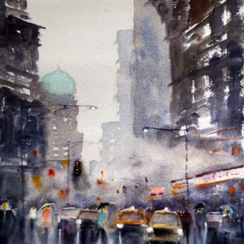 Painting titled "City Steam" by Alan James, Original Artwork, Watercolor