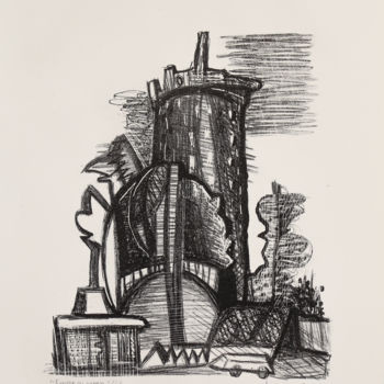 Gravures & estampes intitulée "Tower. Audenge" par Aleksandr Laptev, Œuvre d'art originale, Lithographie