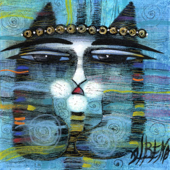 Painting titled "The cat" by Albena Vatcheva, Original Artwork, Oil Mounted on Wood Stretcher frame
