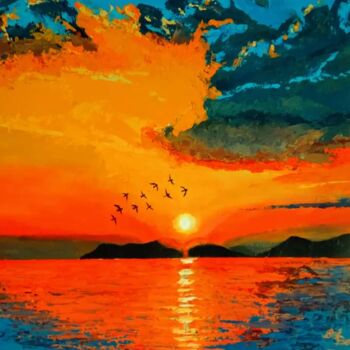 Painting titled "Couché de soleil" by Alber, Original Artwork, Acrylic Mounted on Wood Stretcher frame