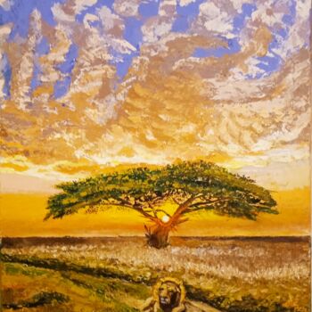 Картина под названием "Lion dans la savane" - Alber, Подлинное произведение искусства, Акрил Установлен на Деревянная рама д…