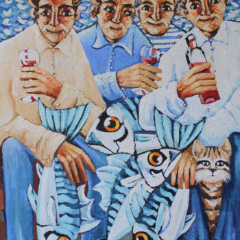 Schilderij getiteld "Pescadores, vino y…" door Albert Cruells, Origineel Kunstwerk, Olie Gemonteerd op Frame voor houten bra…