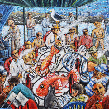 Pintura titulada "Fiesta de la pesca…" por Albert Cruells, Obra de arte original, Oleo Montado en Bastidor de camilla de mad…