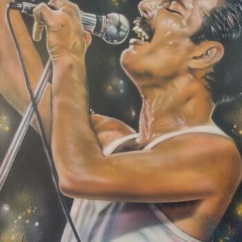 "Freddie Mercury Live" başlıklı Tablo Albert Riera tarafından, Orijinal sanat, Hava fırçası Ahşap panel üzerine monte edilmiş