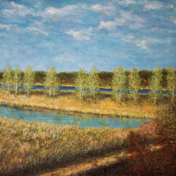 Painting titled "River landscape" by Albert Safiullin, Original Artwork, Oil
