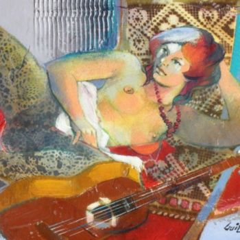 Pintura intitulada "Michèle à la guitare" por Albert Guillou, Obras de arte originais