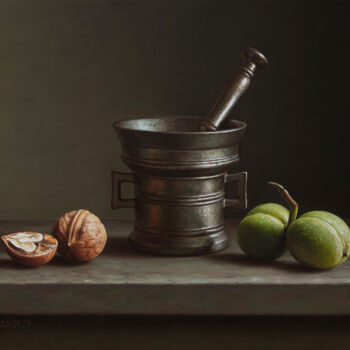 Painting titled "Walnuts with a bron…" by Albert Kechyan, Original Artwork, Oil