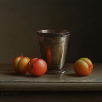 Pintura titulada "Plums with a cup" por Albert Kechyan, Obra de arte original, Oleo