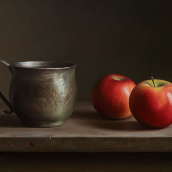 Peinture intitulée "Apples with a cup" par Albert Kechyan, Œuvre d'art originale, Huile